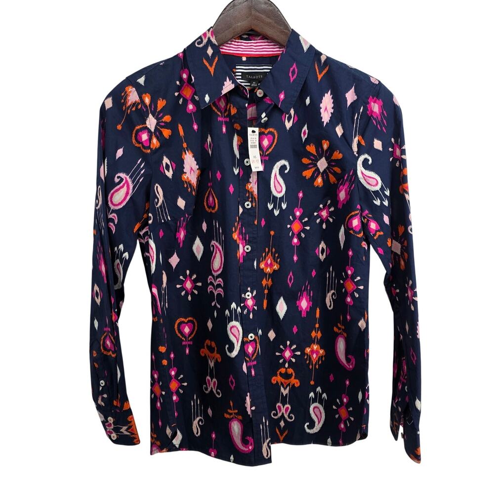 NWT Talbots Ikat Navy Pink Orange Button Up Shirt Size XS